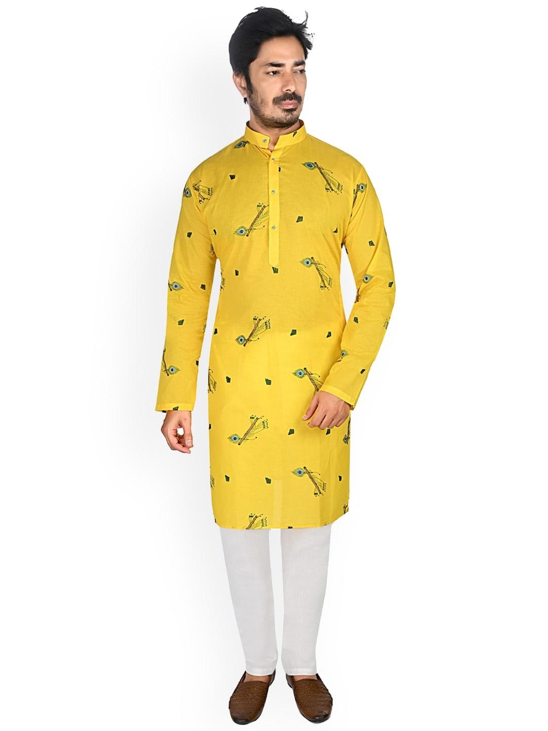 authentics men yellow ethnic motifs printed regular pure cotton kurta with palazzos