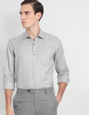 auto press windowpane check formal shirt