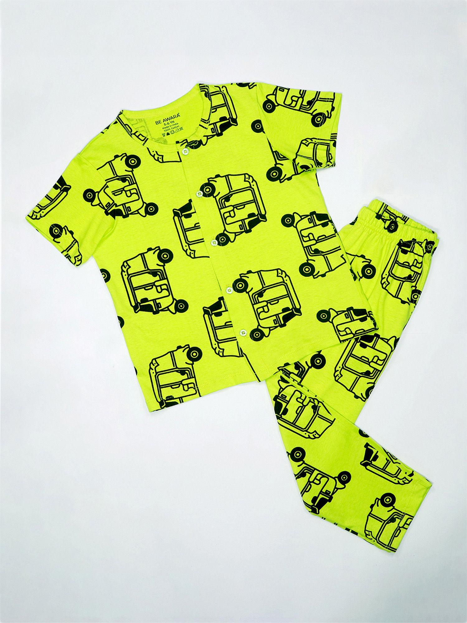 auto rickshaw kids nightwear half sleeves shirt & pajama green (set of 2)