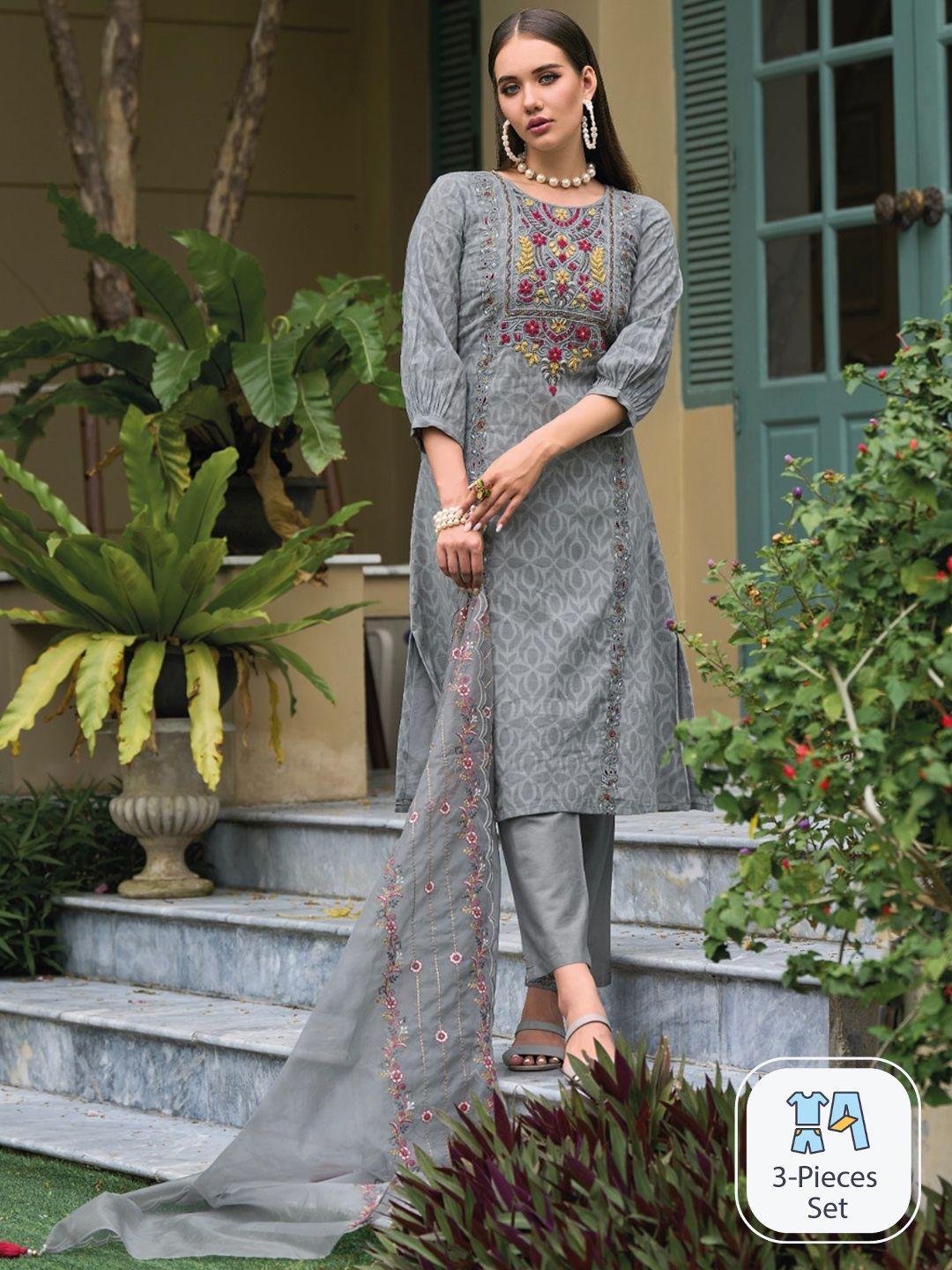 autumn lane floral embroidered regular pure cotton kurta with trousers & with dupatta
