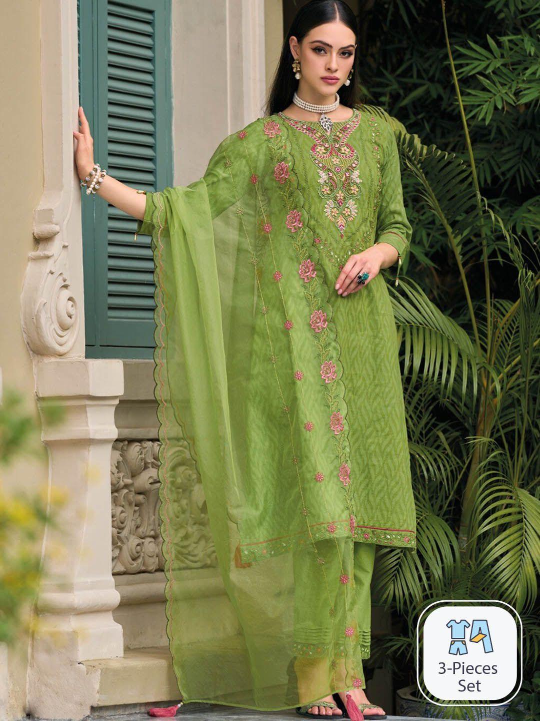 autumn lane floral embroidered thread work pure cotton kurta with trousers & with dupatta