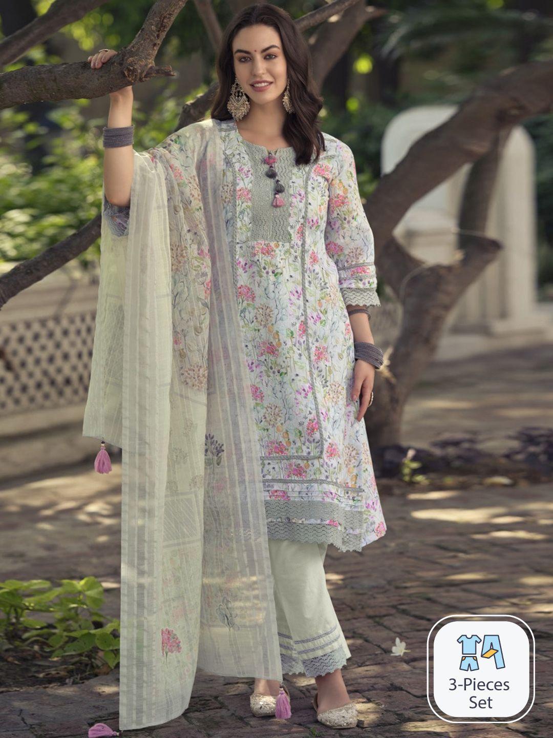 autumn lane floral printed thread work pure cotton kurta with trousers & dupatta