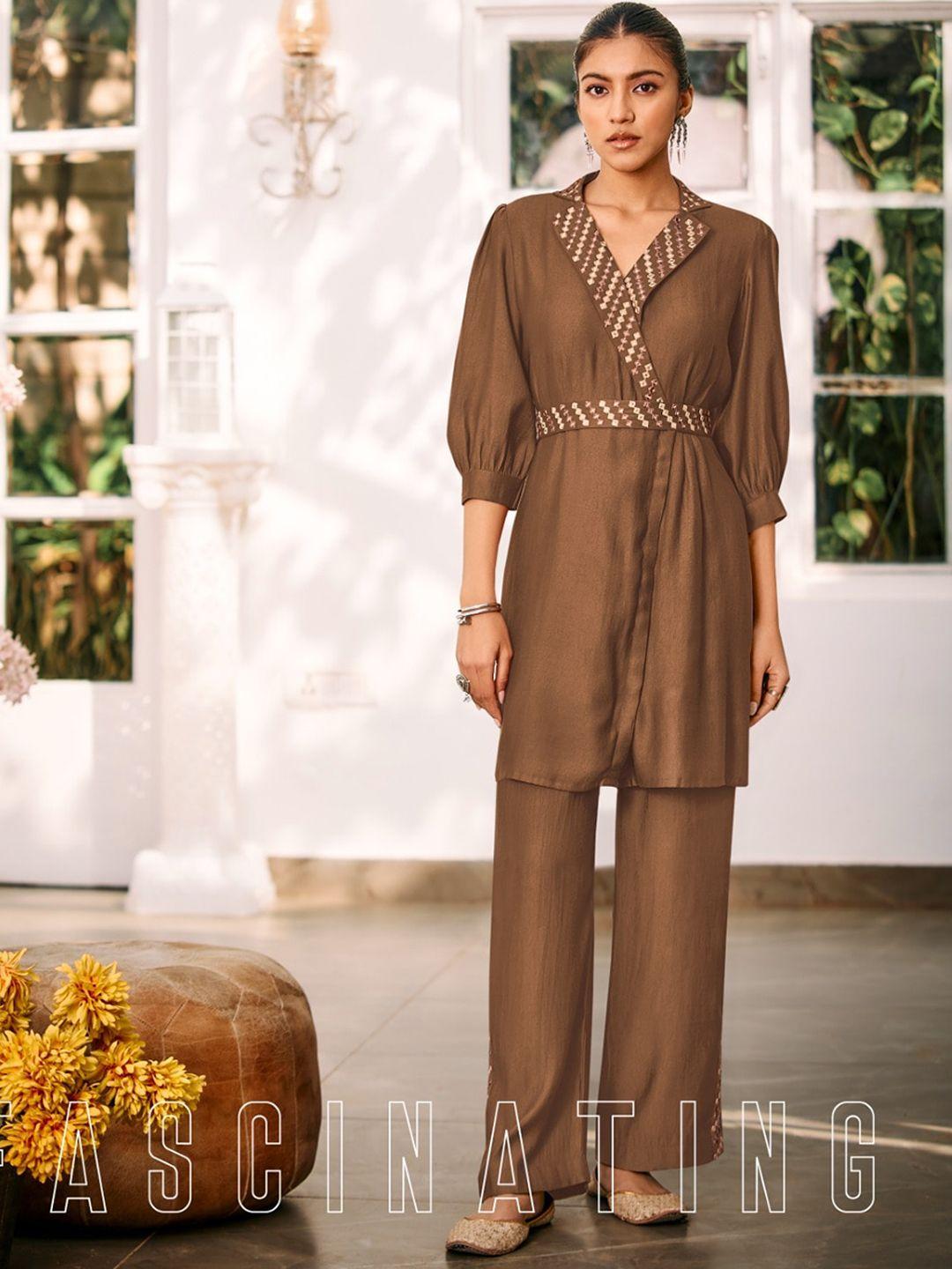 autumn lane v-neck embroidered top with trousers