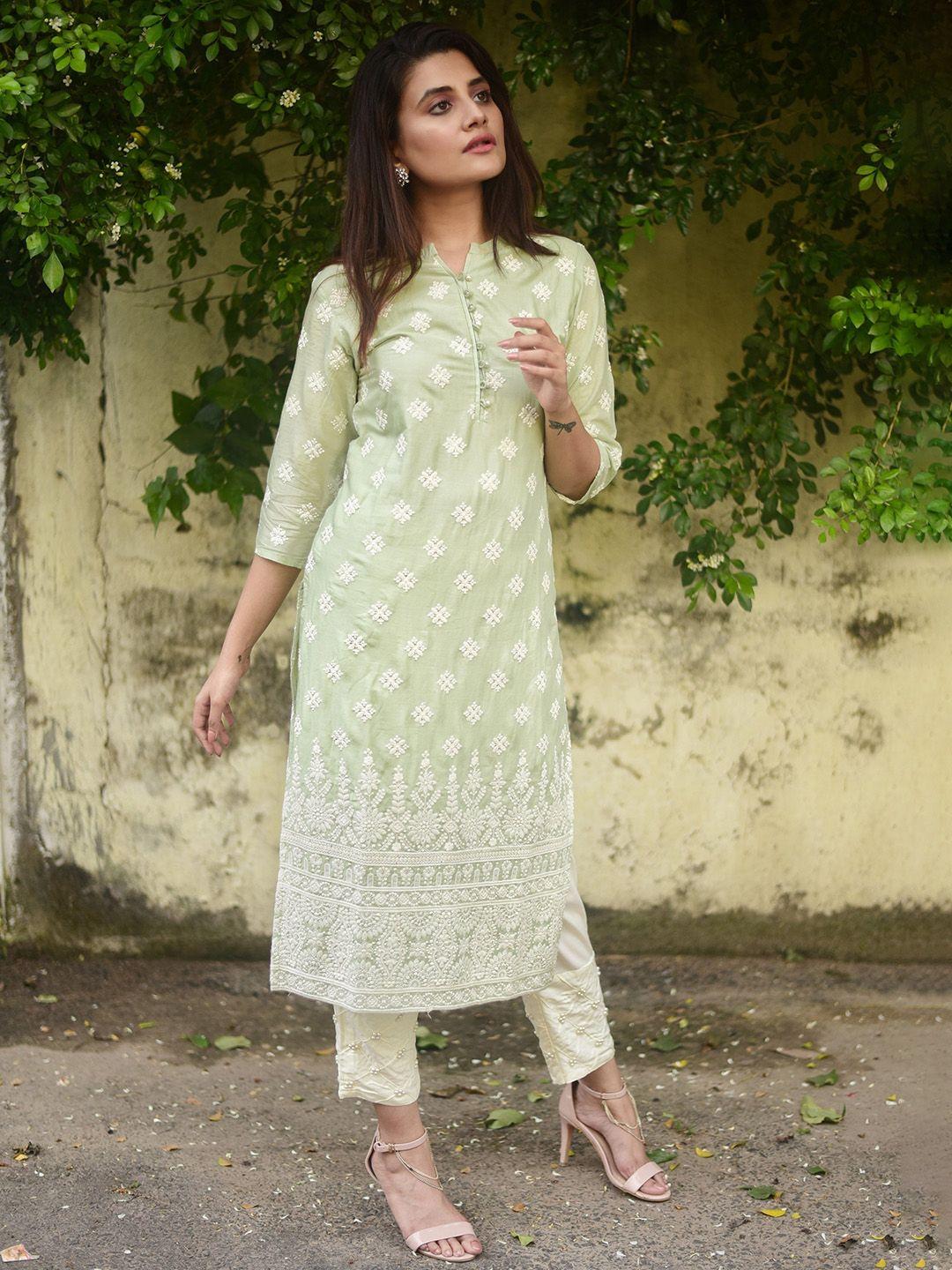 autumn lane women green floral embroidered chikankari pure cotton kurta set