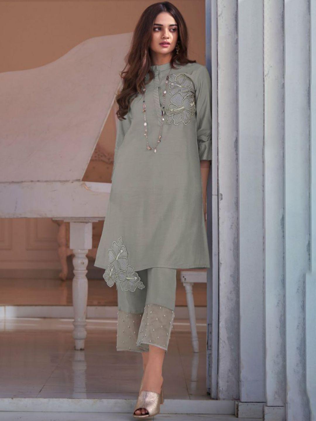 autumn lane women grey beads and stones pure cotton kurta with trousers