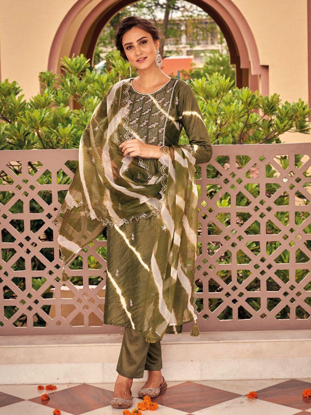 autumn lane women olive green leheriya embroidered kurta with trousers & with dupatta