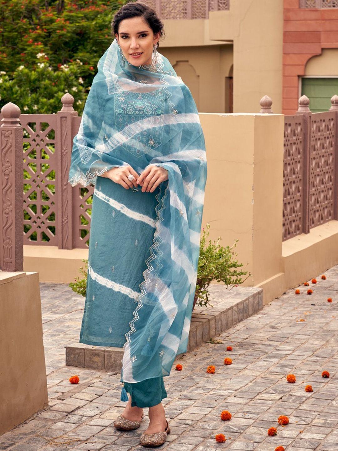 autumn lane women teal leheriya embroidered kurta with trousers & with dupatta