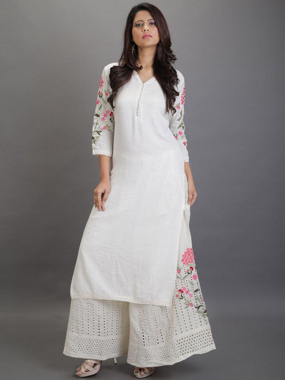 autumn lane women white embroidered thread work pure cotton kurta with palazzos