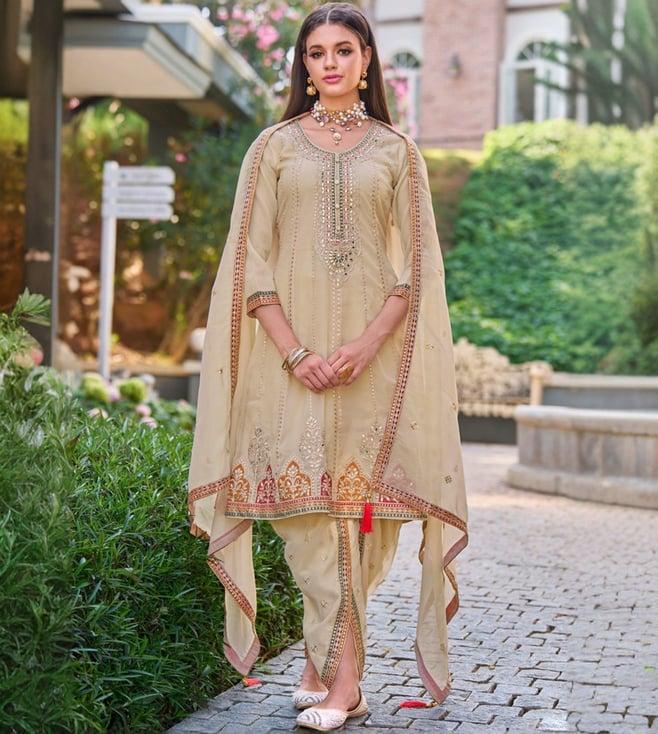 autumnlane beige alia gold full heavy work premium kurta with pant and dupatta