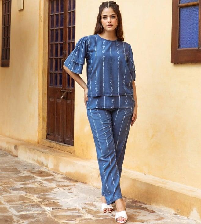 autumnlane blue osho lapis cotton tunic with pant co-ord set