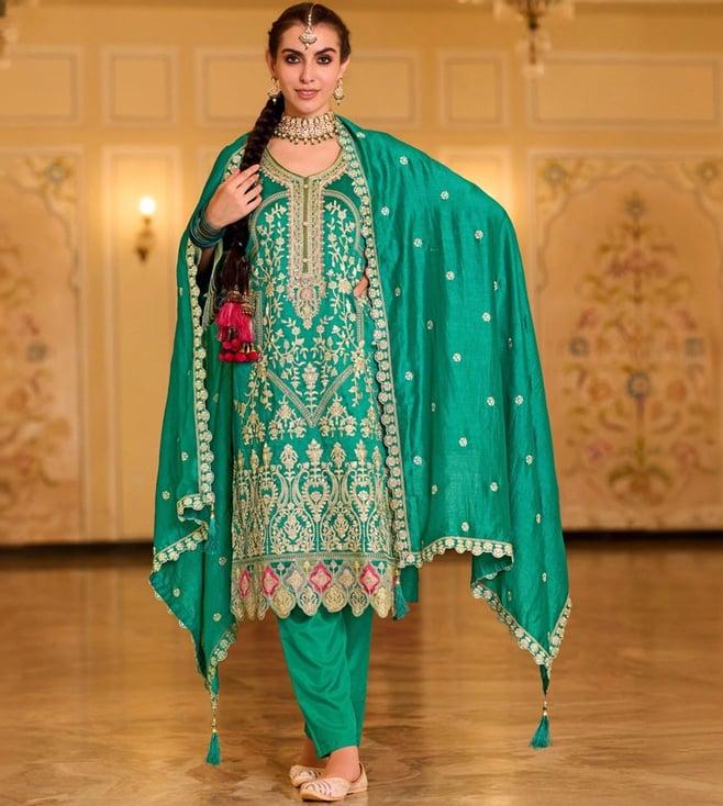 autumnlane green baljeet emerald full heavy work kurta with pant and dupatta
