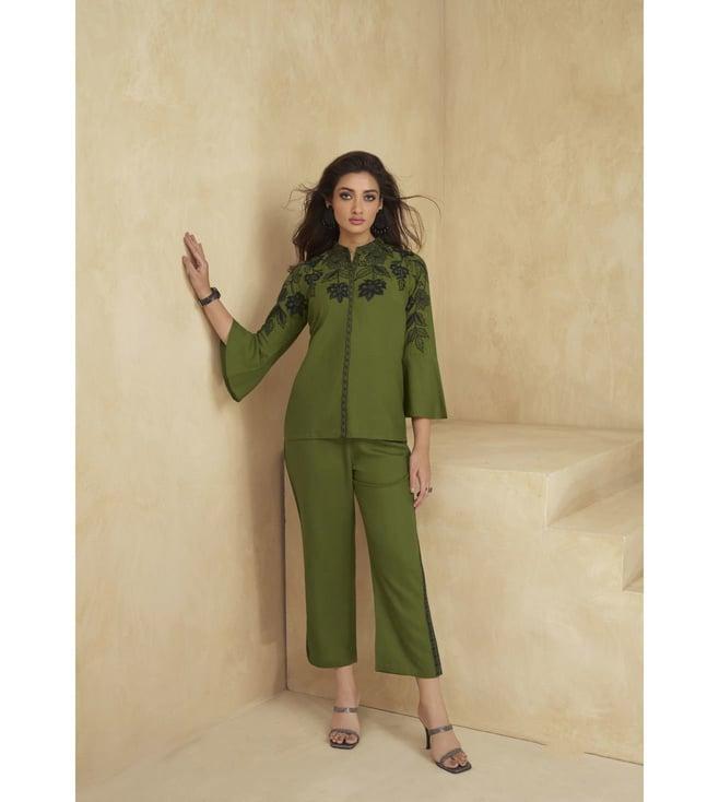 autumnlane green winny moss green embroidery top with pant co-ord set
