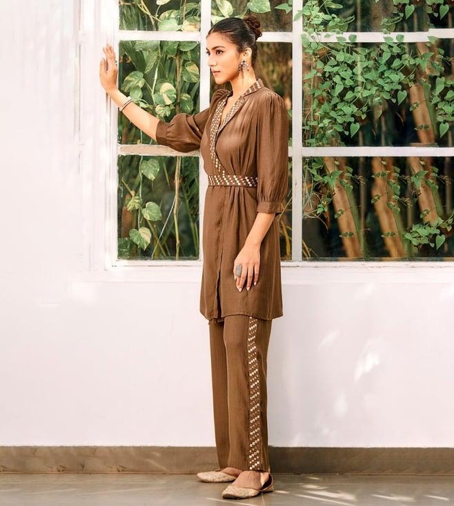 autumnlane lama brown embroidered tunic with pant