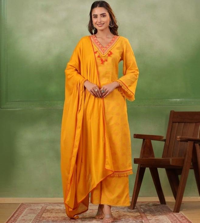 autumnlane mustard poonam amber cotton kurta with pant and dupatta