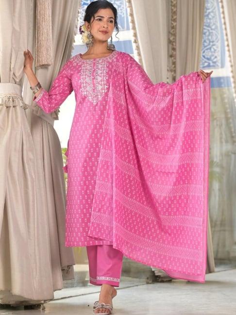 autumnlane radhya pink cotton kurta with pant and dupatta