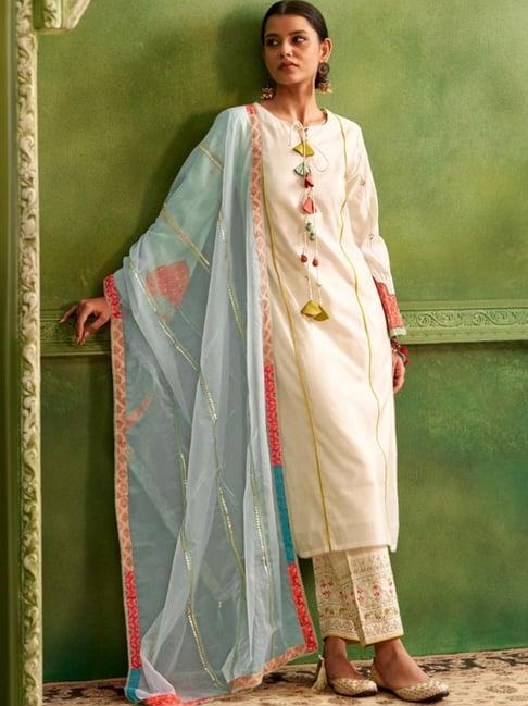 autumnlane white adya shankh luxury kurta with pant and dupatta