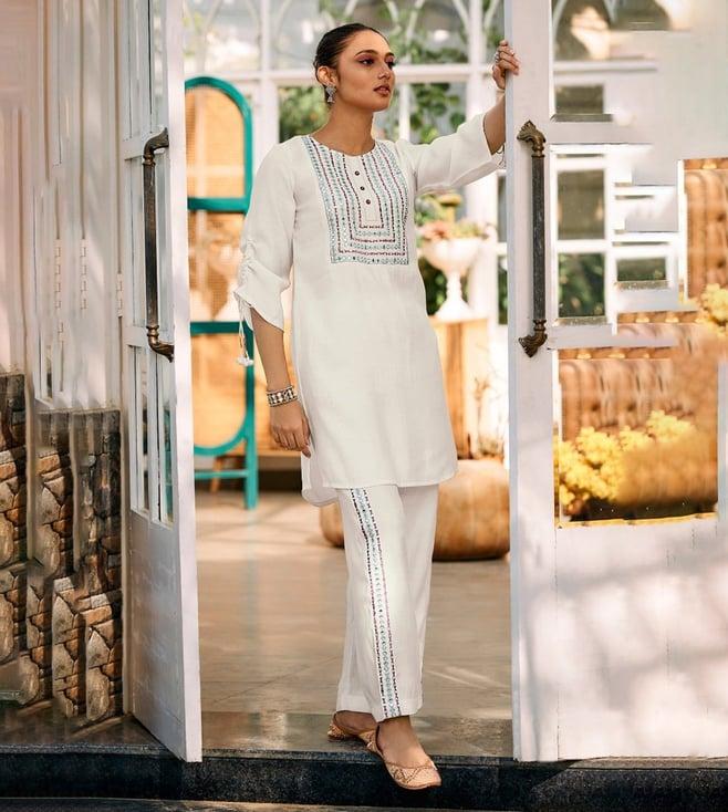 autumnlane white lama white embroidered tunic with pant co-ord set