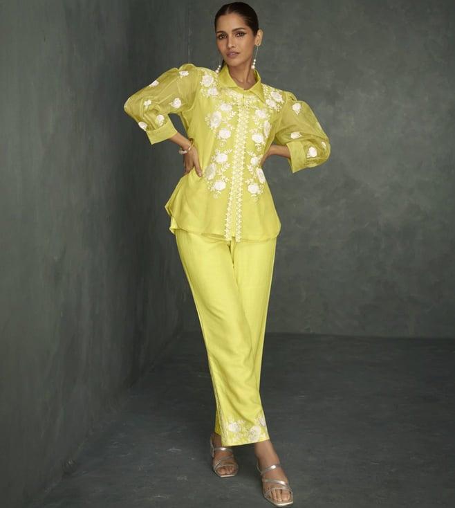 autumnlane yellow saba finch embroidered 3 pc jacket with inner and pant co-ord set