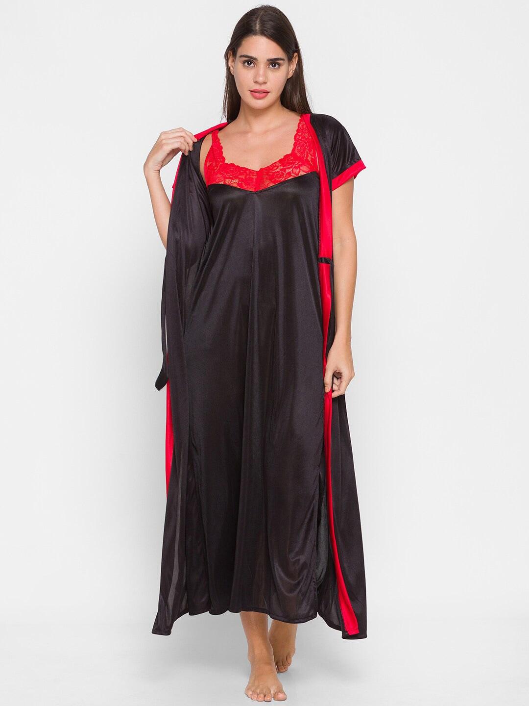 av2 black & red solid maxi nightdress with robe