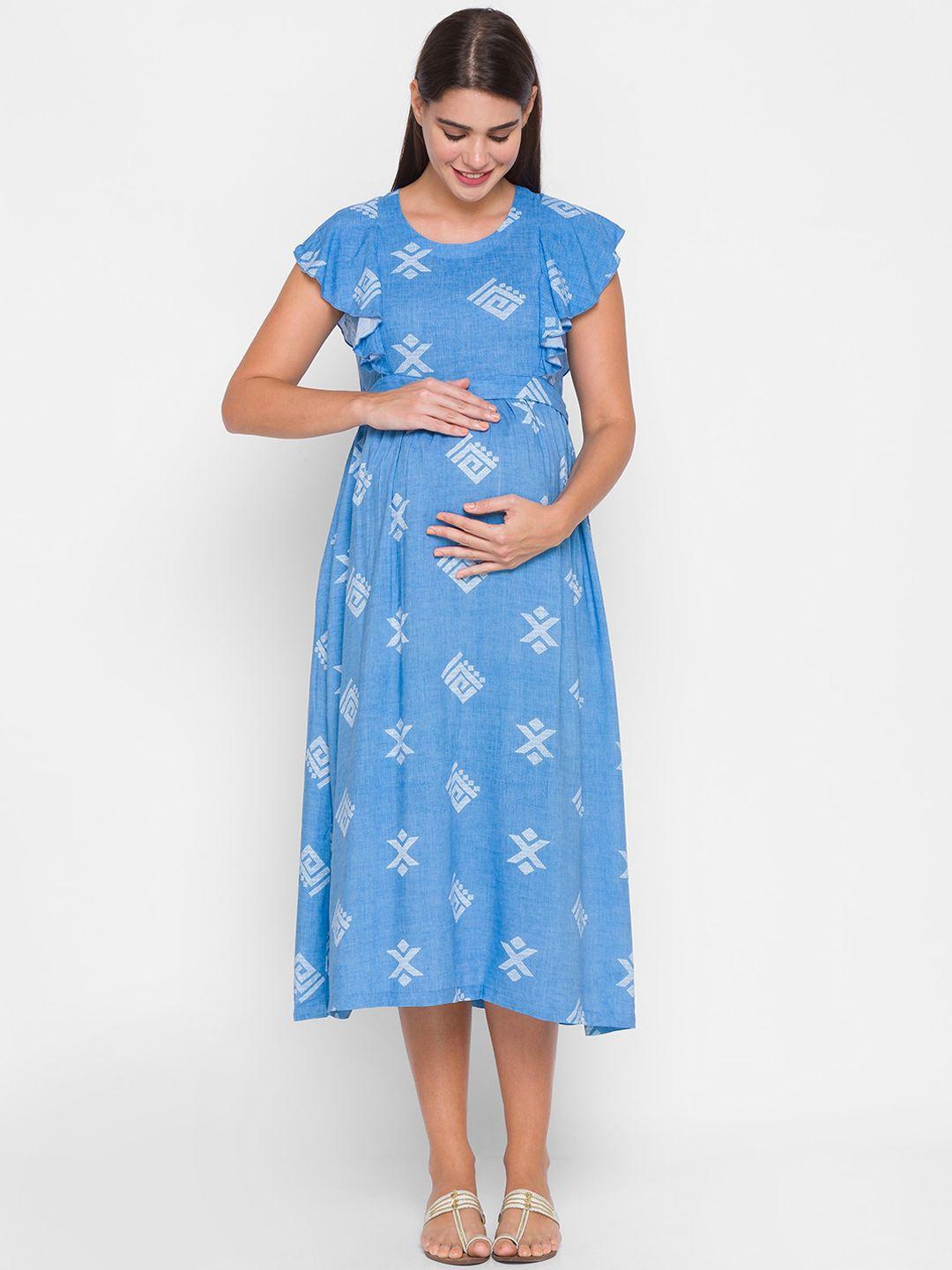 av2 blue & white geometric round neck maternity fit & flare dress
