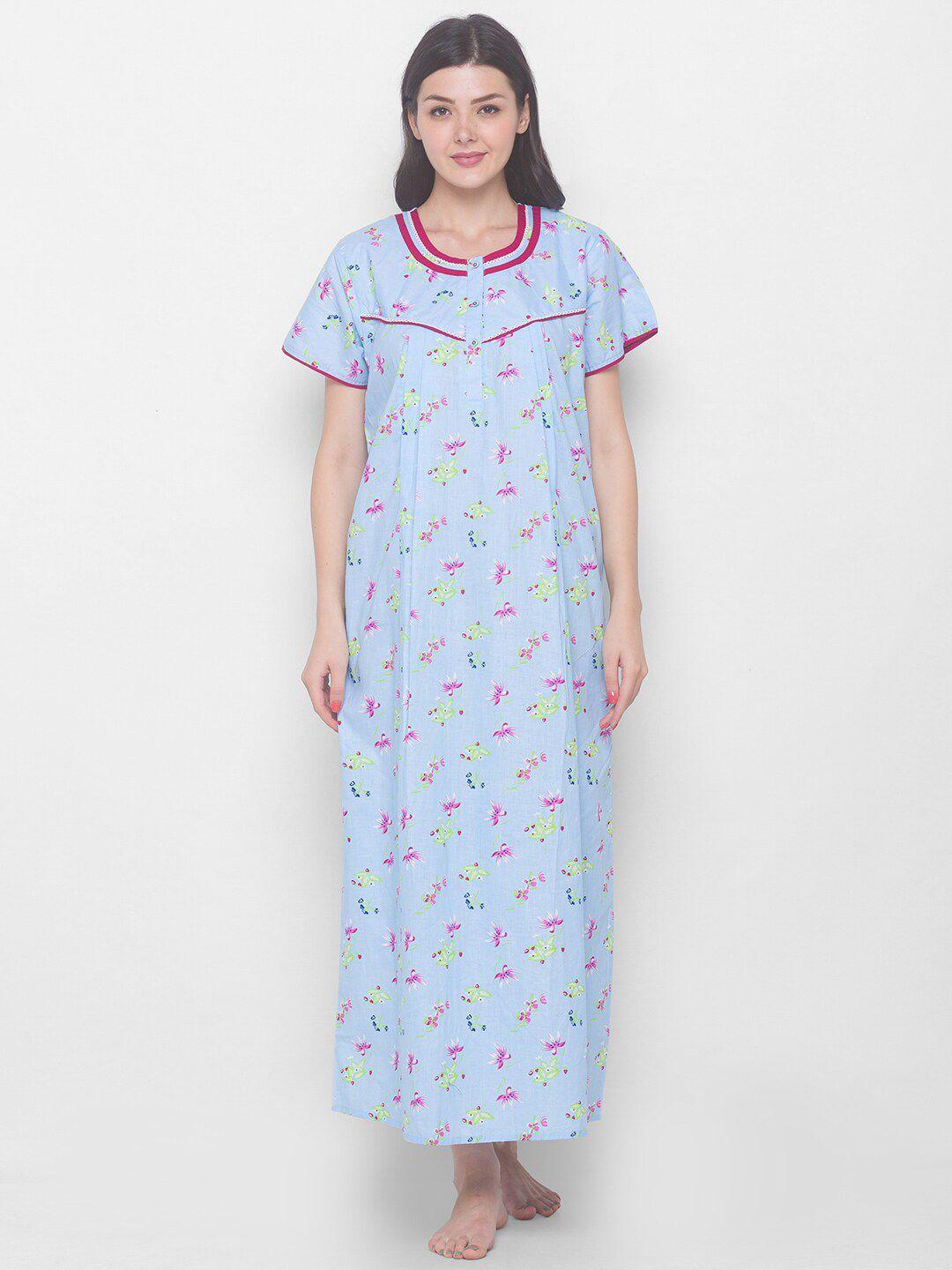 av2 blue printed maternity pure cotton maxi nightdress