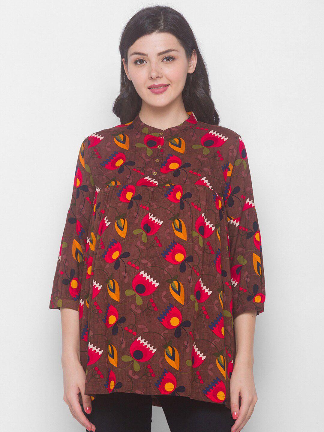 av2 brown print mandarin collar top