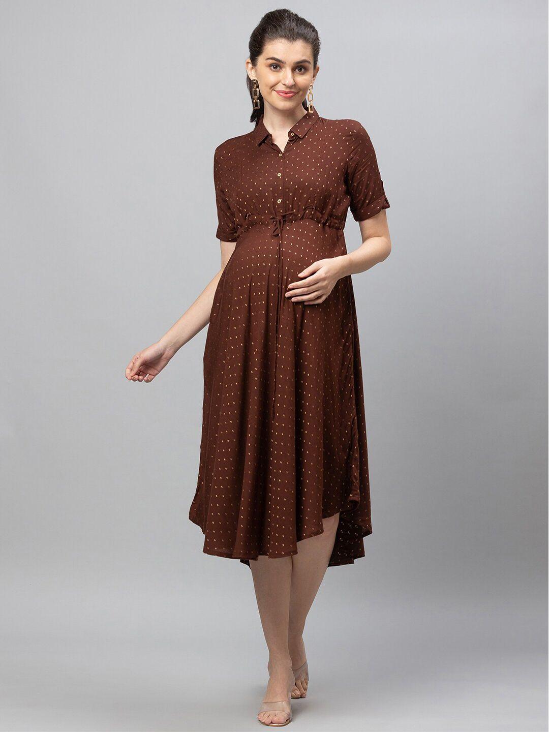 av2 brown printed shirt collar maternity midi dress