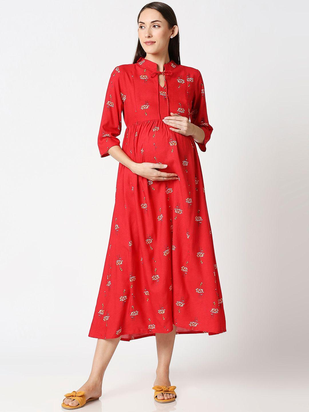 av2 maroon floral printed maternity midi dress