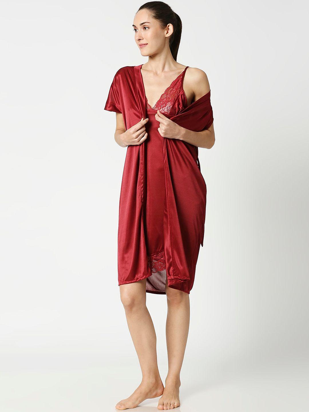 av2 maroon solid nightdress with robe