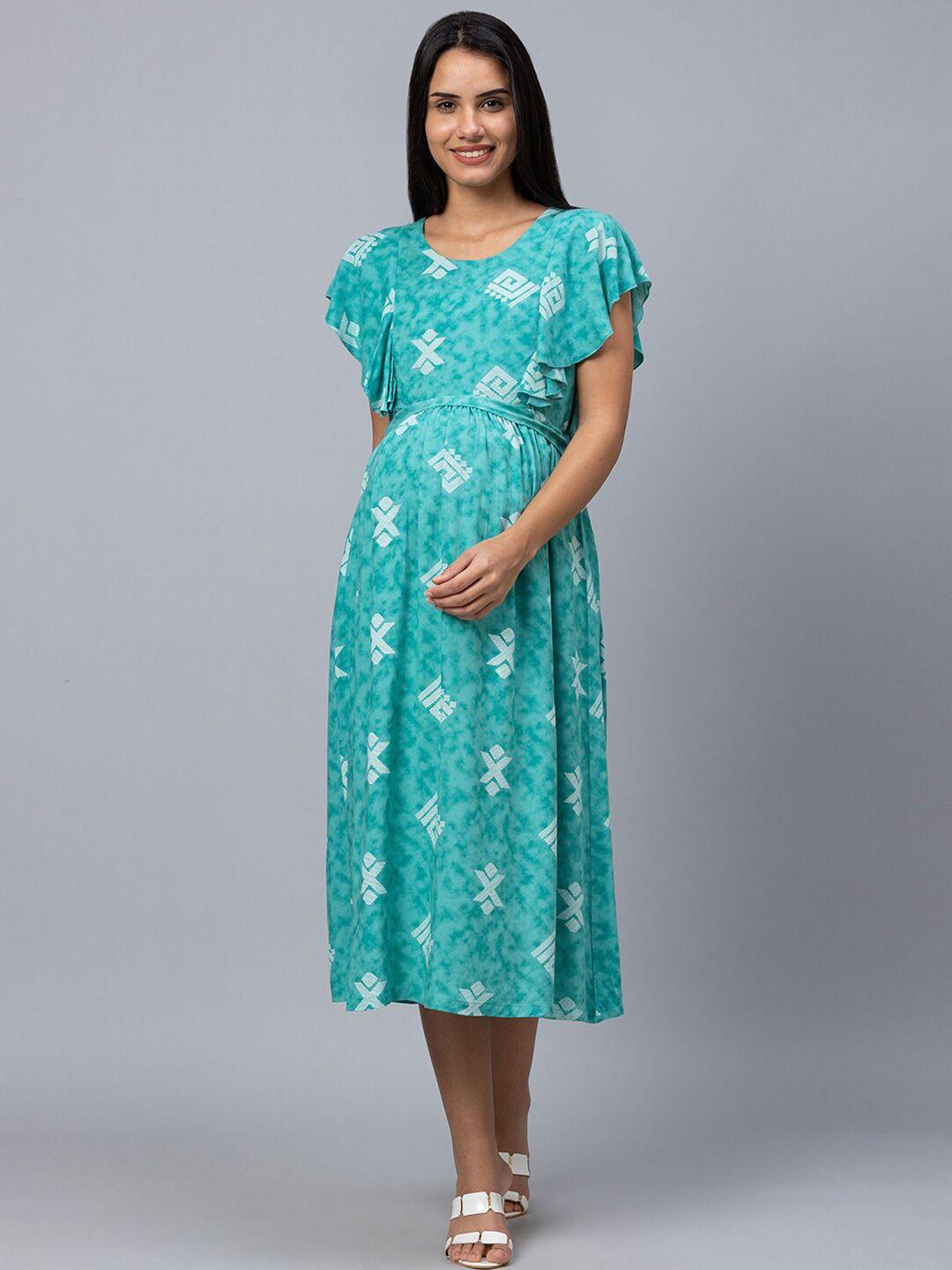 av2 turquoise blue geometric printed fit and flare maternity dress