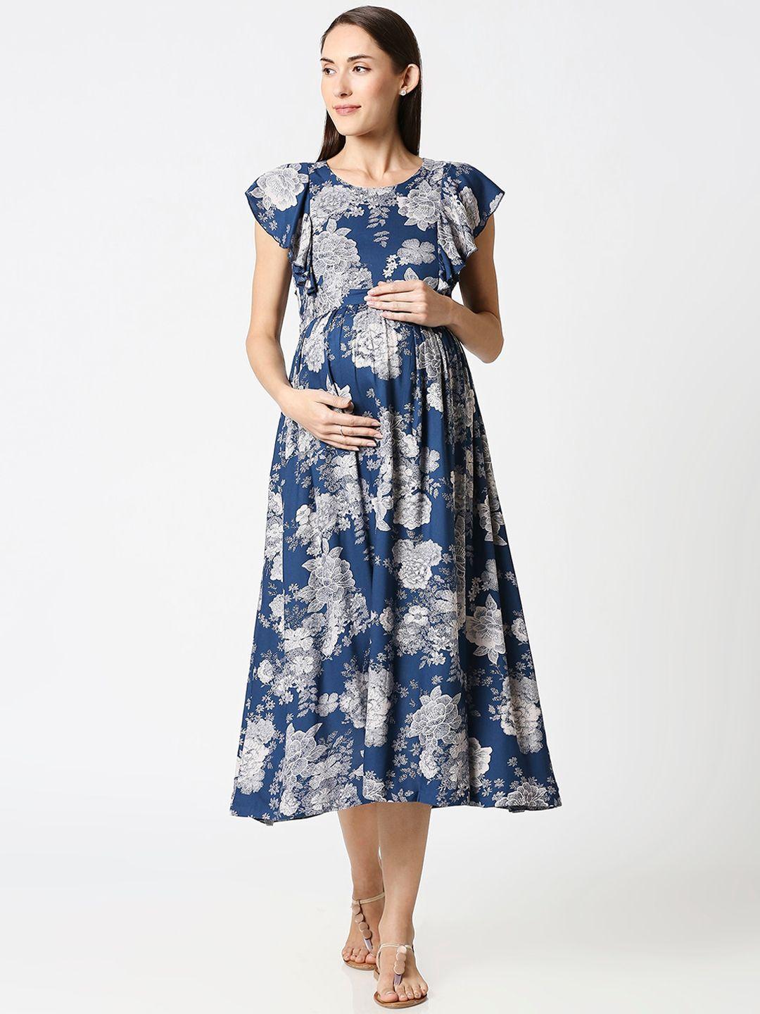 av2 woman navy blue maternity nursing floral midi dress