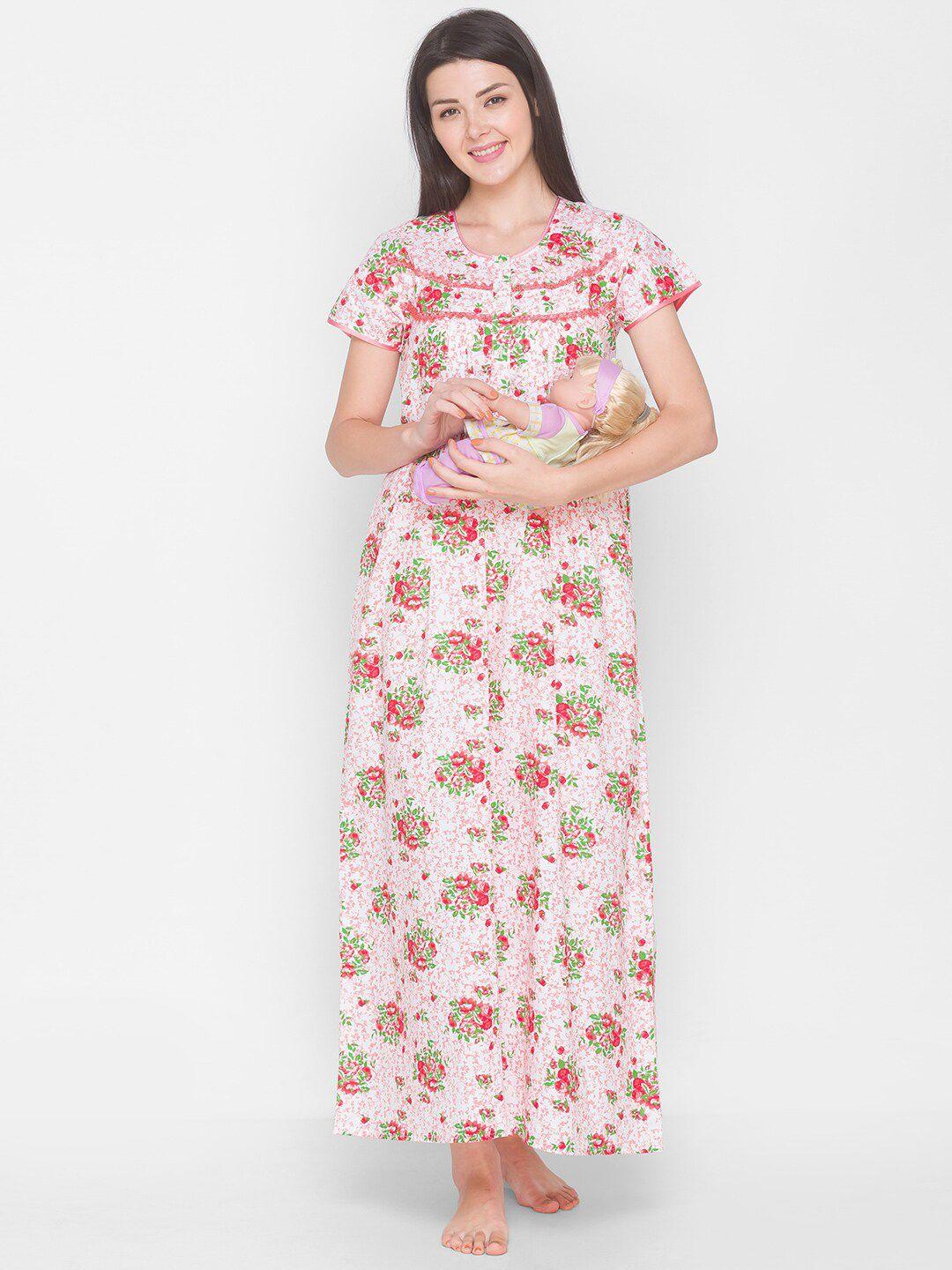 av2 women orange & white pure cotton floral printed maternity nightdress