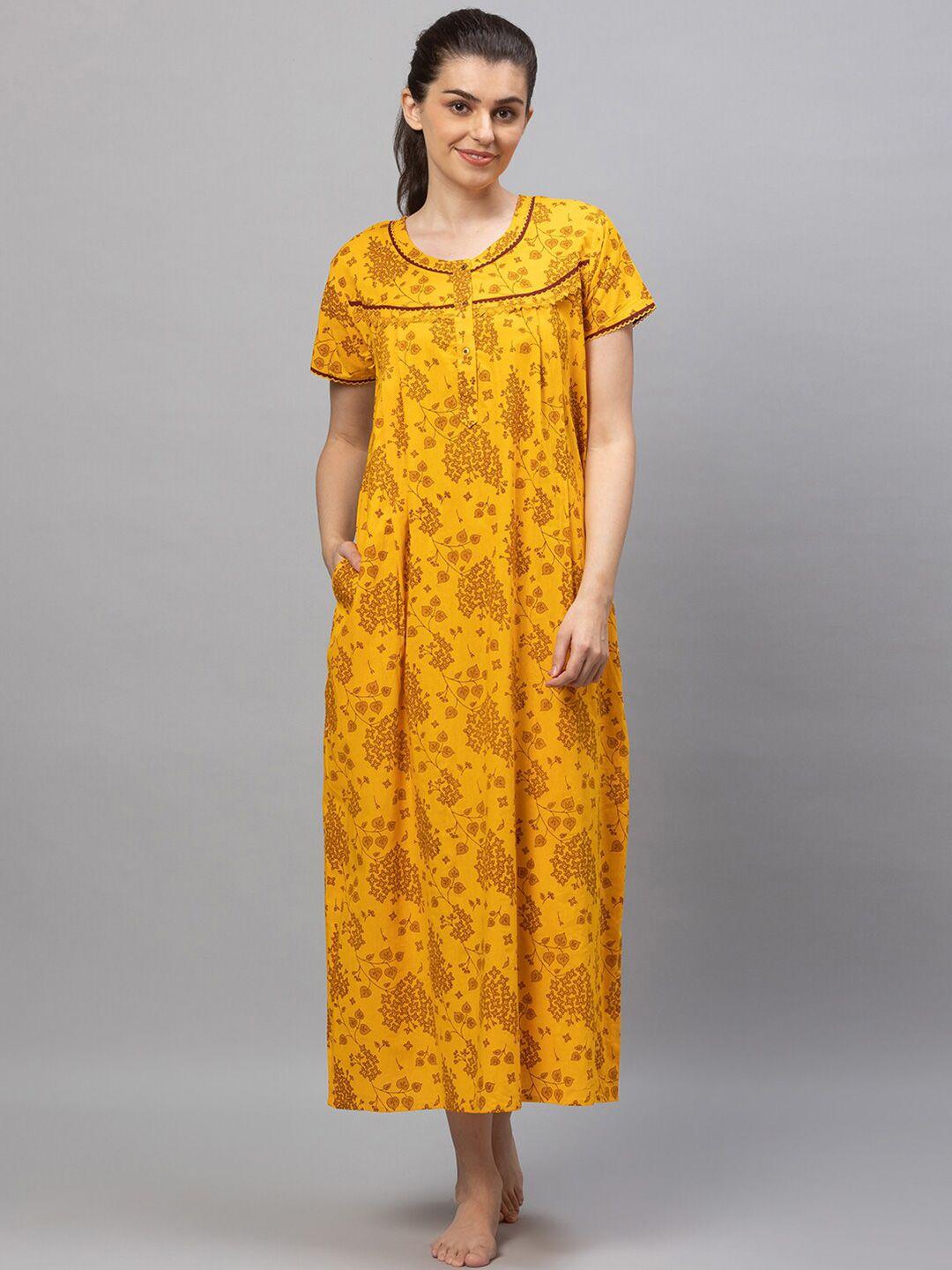 av2 women yellow printed cotton maxi maternity nightdress