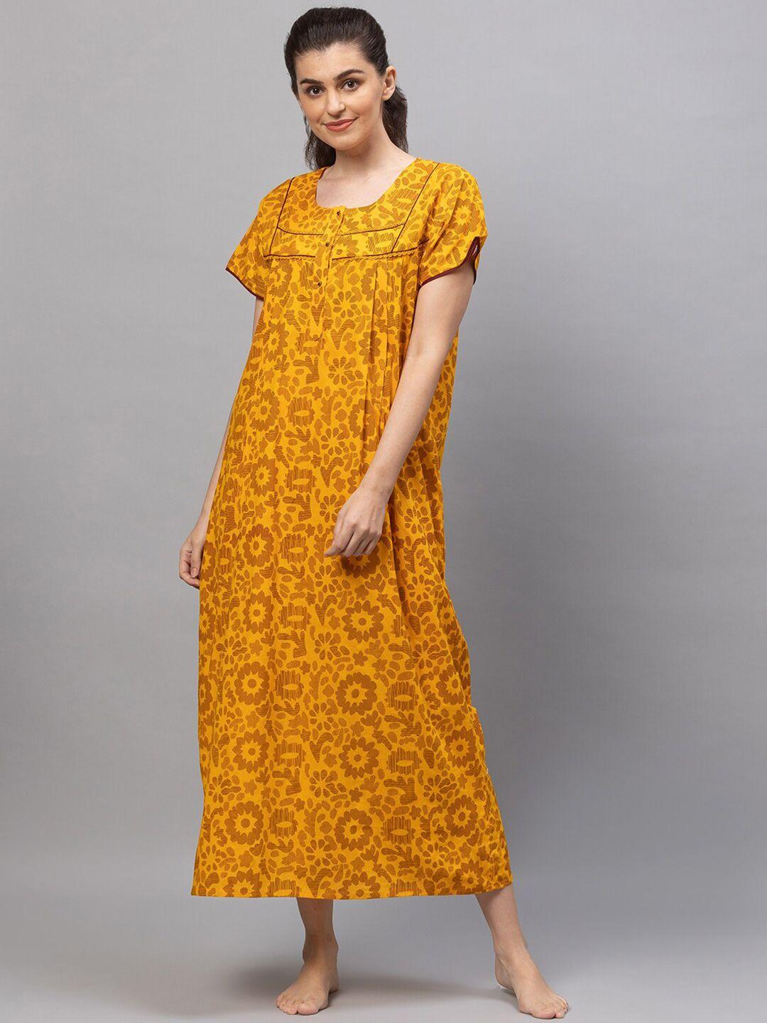 av2 women yellow printed cotton maxi nightdress