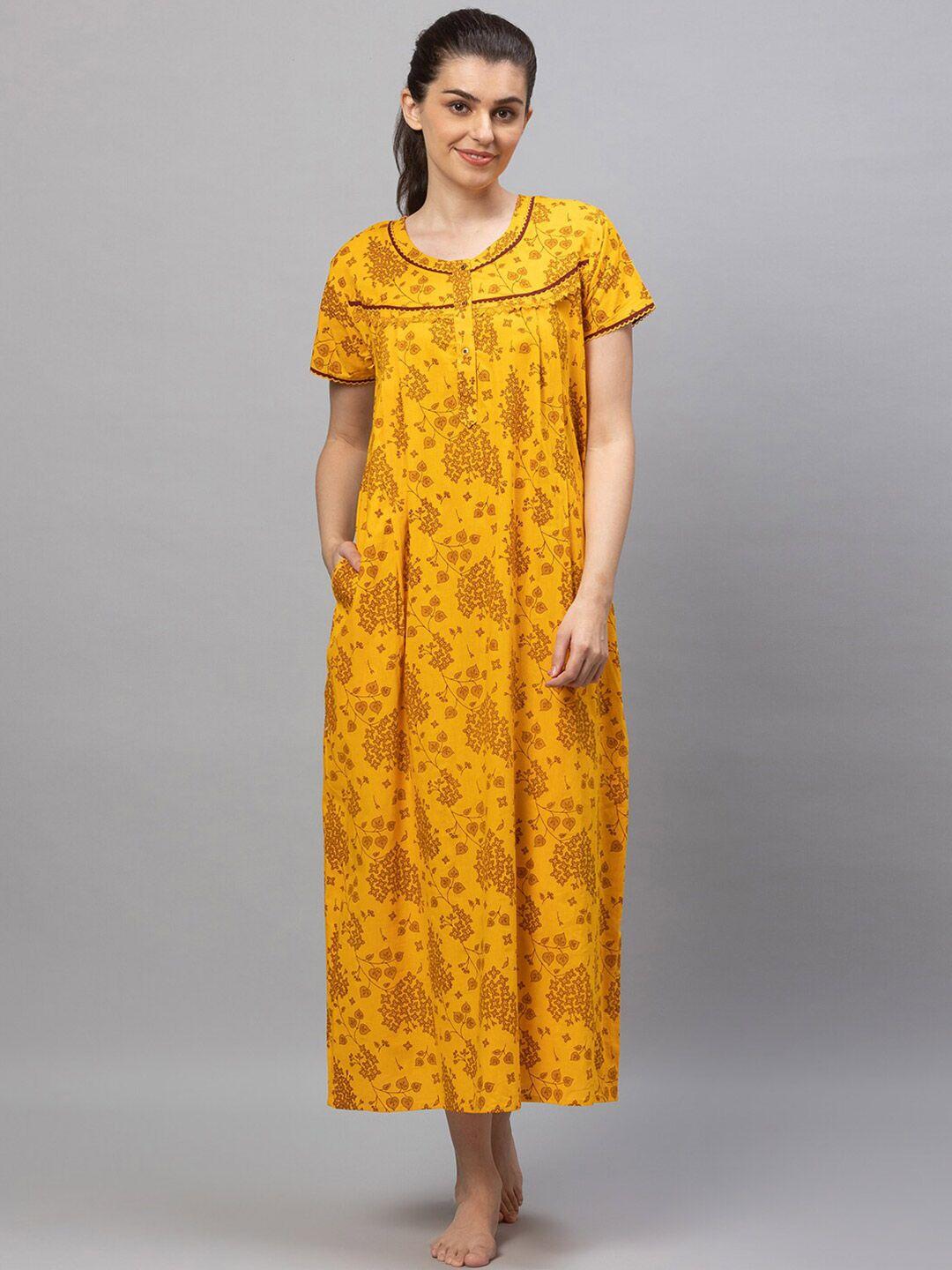 av2 women yellow printed cotton maxi nightdress