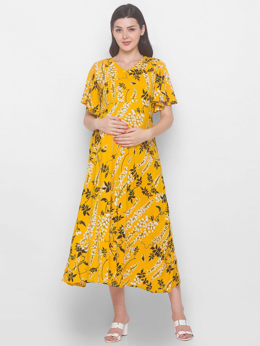 av2 yellow & brown floral maternity midi dress