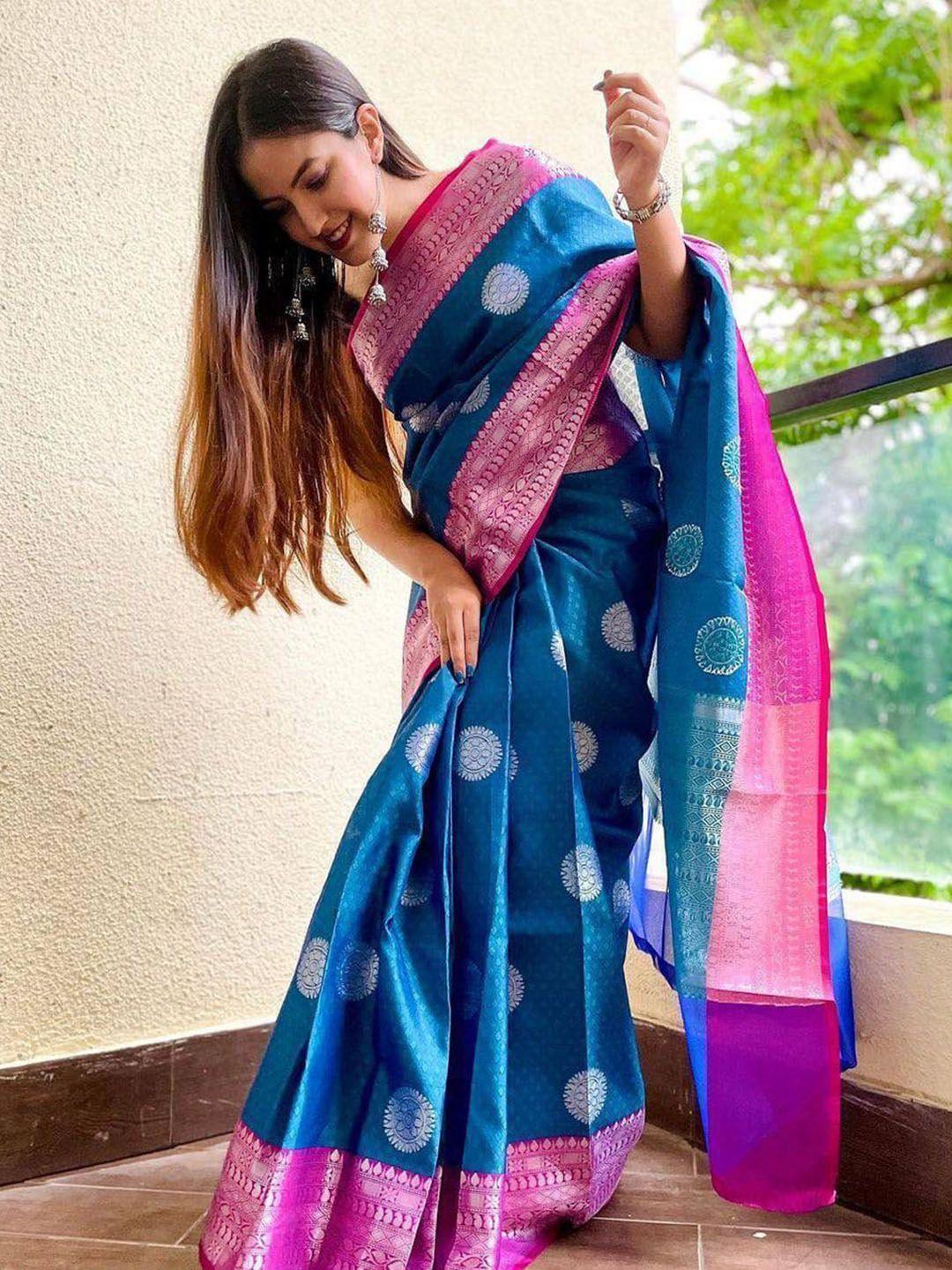 avanshee blue & pink woven design zari silk cotton banarasi saree