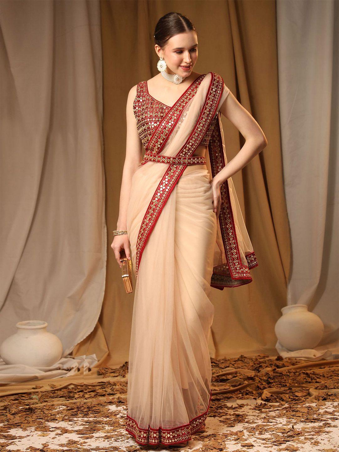 avanshee embellished mirror work net saree