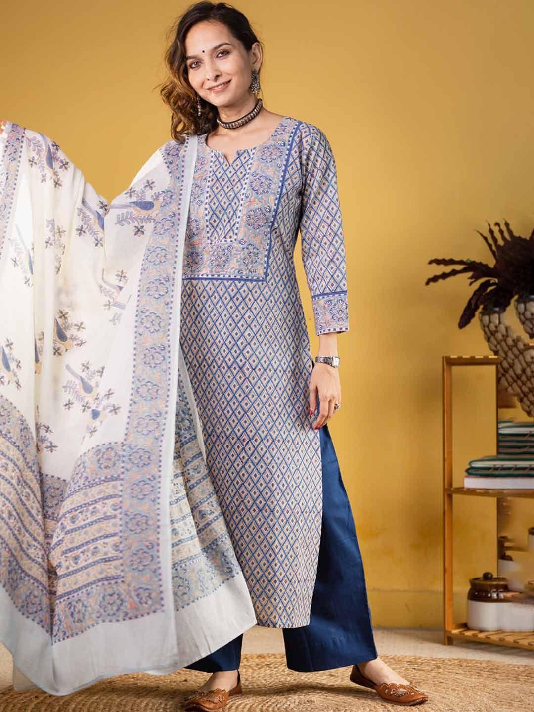 avanshee ethnic motifs printed kurta with palazzos & dupatta