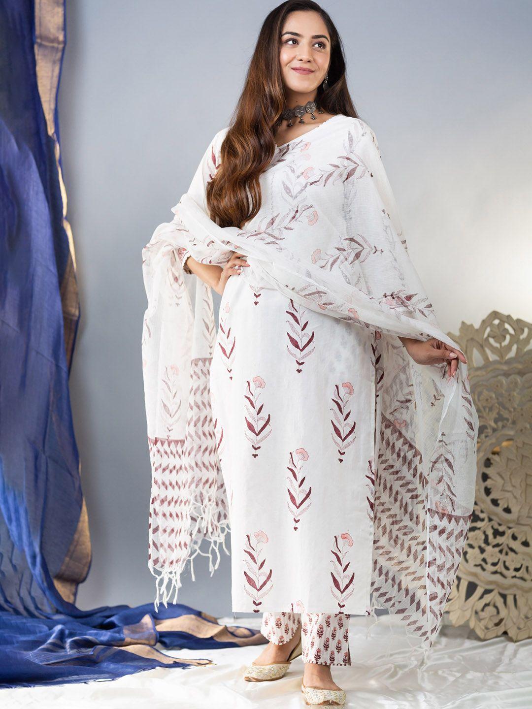 avanshee floral printed thread work kurta with trousers & dupatta