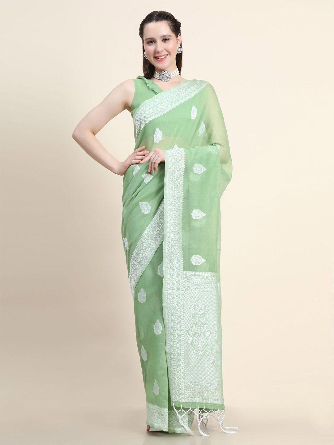 avanshee green & silver-toned ethnic motifs zari linen blend saree