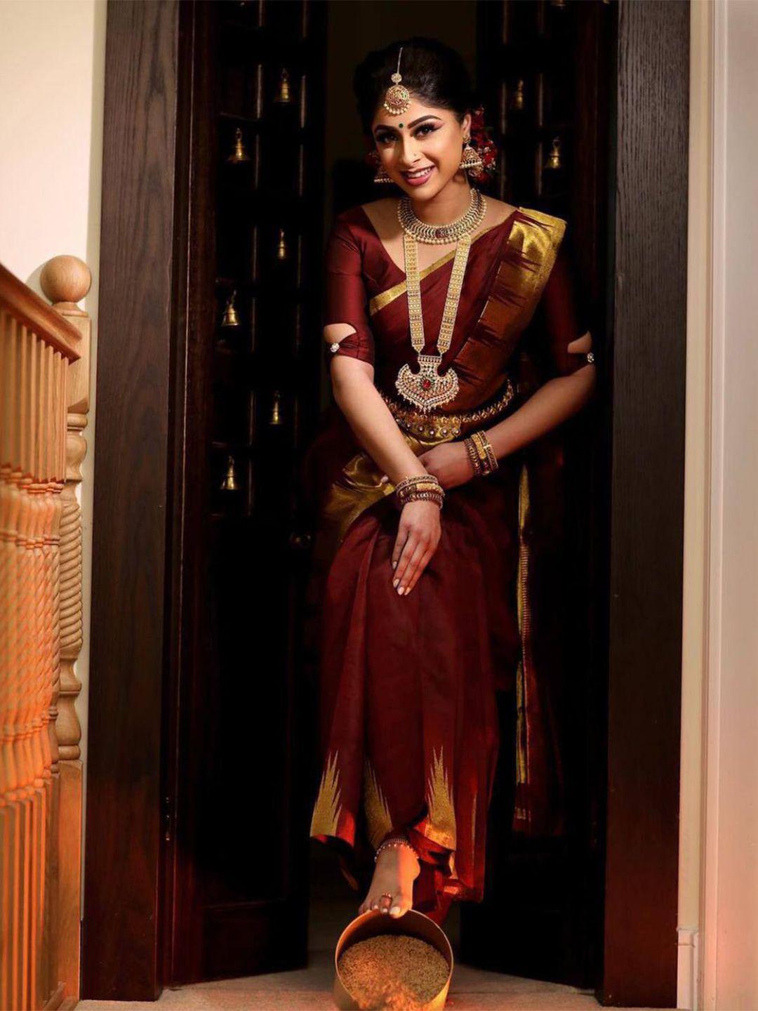 avanshee maroon & gold-toned woven design silk cotton banarasi saree