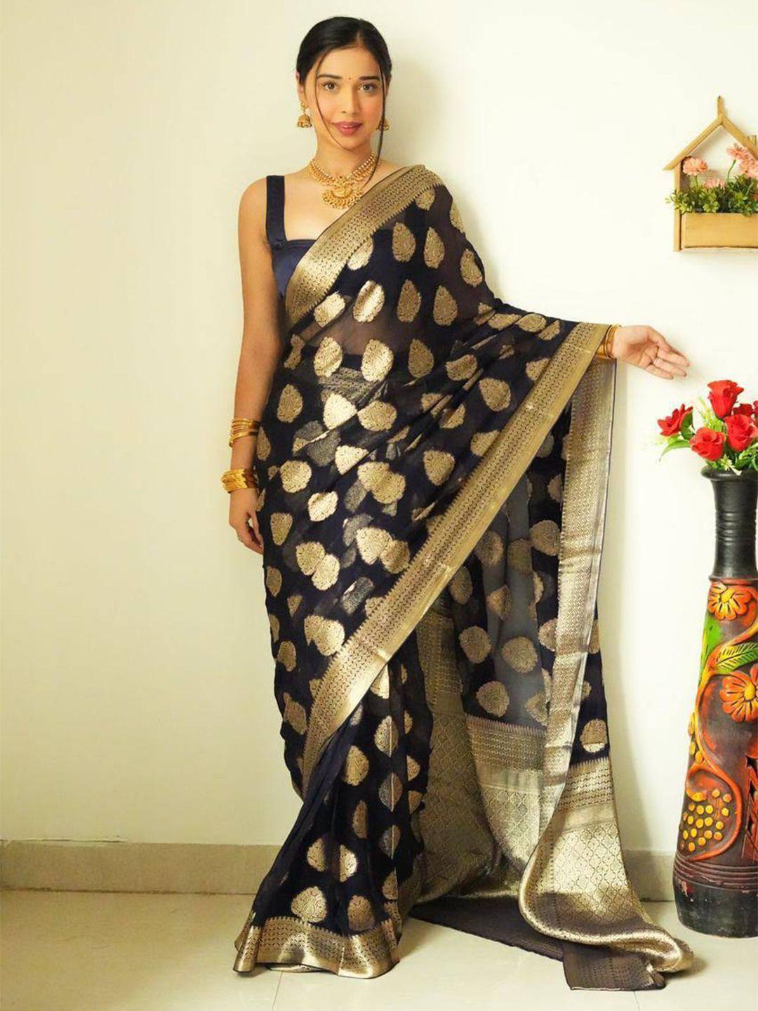 avanshee navy blue & gold-toned woven design zari silk cotton kanjeevaram saree