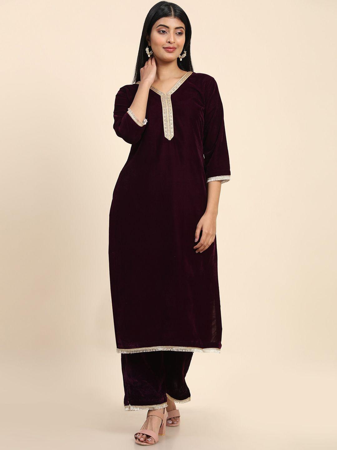 avanshee thread work velvet kurta with trousers