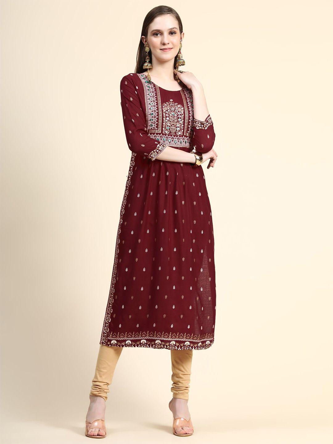 avanshee women ethnic motifs printed mirror work a-line kurta