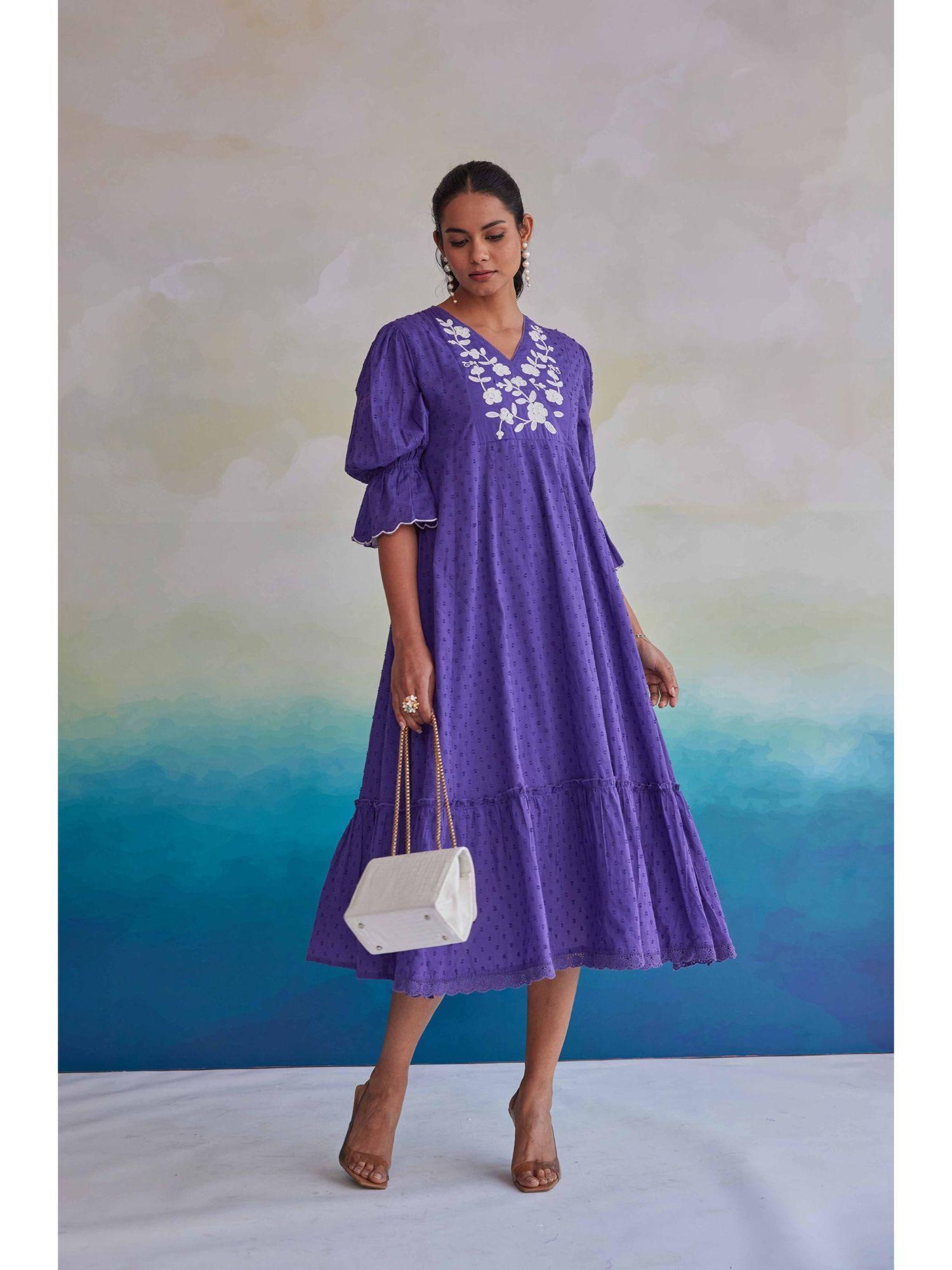 avanti purple midi schiffli embroidery cotton dress