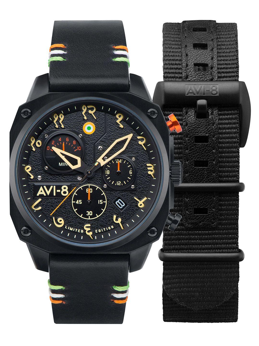 avi-8 men black brass dial & leather straps analogue chronograph watch- av-4052-in01