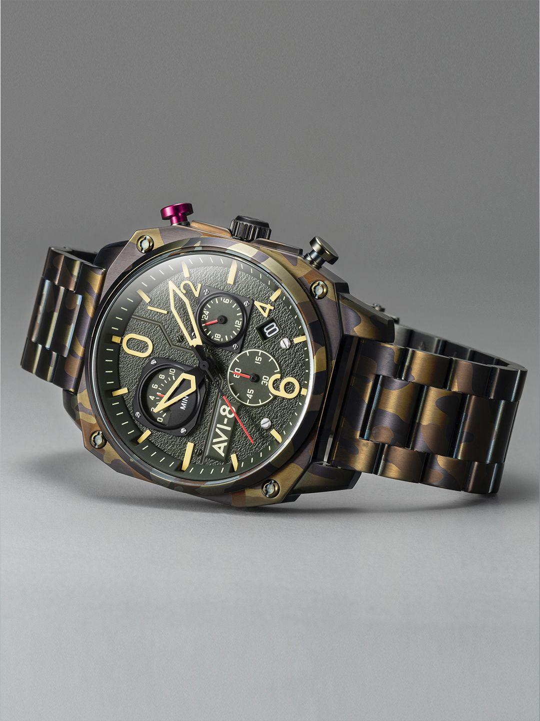 avi-8 men green brass dial & brown steel straps analogue chronograph watch