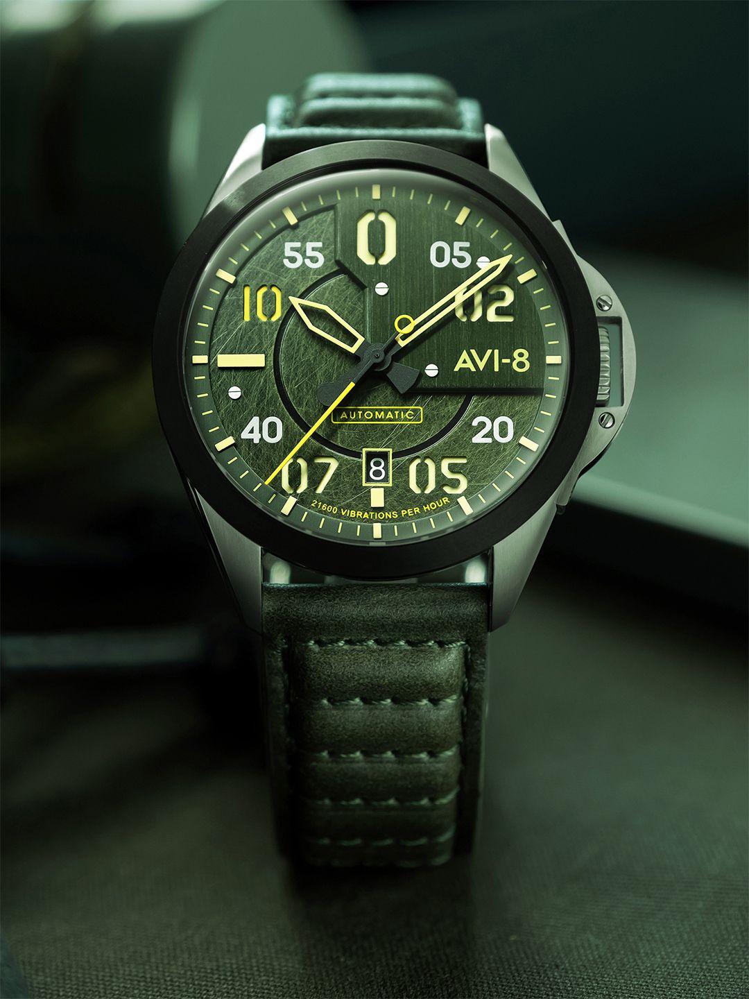 avi-8 men green brass patterned dial & green leather straps analogue watch