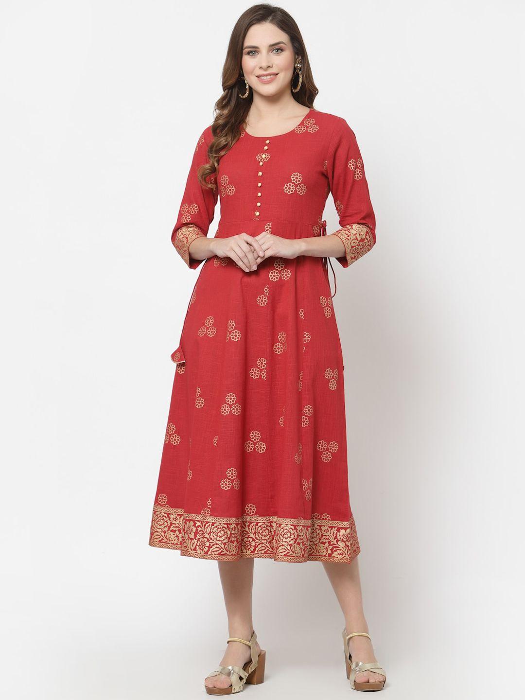 avipsa ethnic motifs printed sequinned fit & flare pure cotton ethnic dress